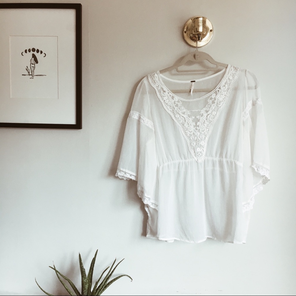 Free People Bohemian Crochet Trim White Blouse